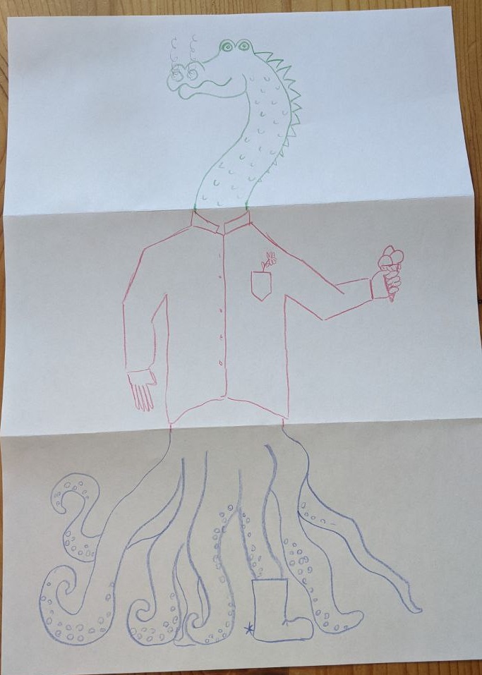 Ein Knickbild. Ein Drachen-Oktopus im Hemd.
